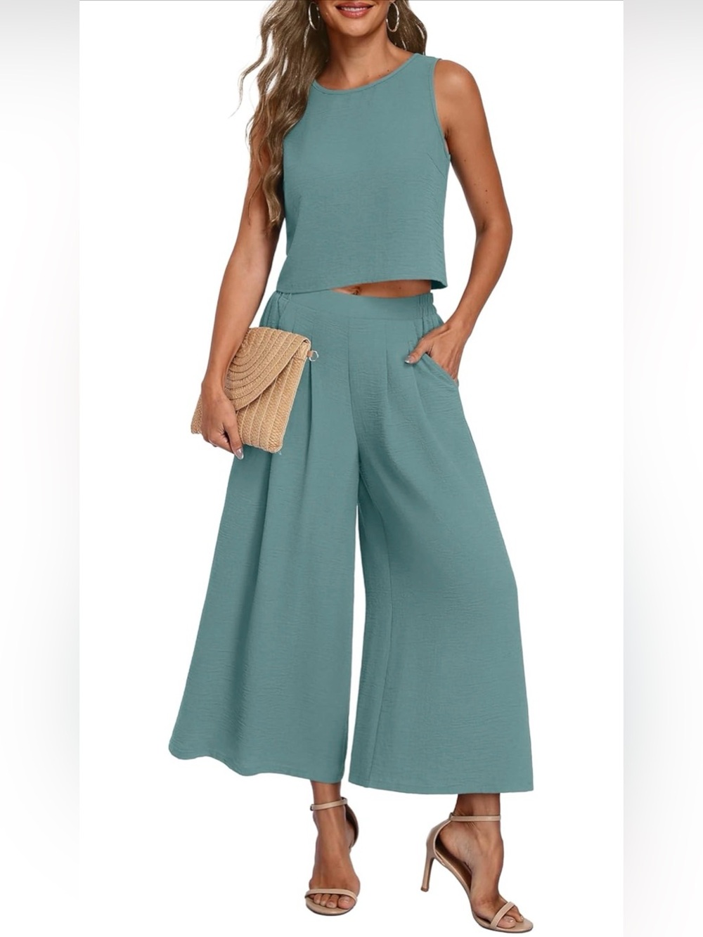 Wide Leg Crop Jumpsuit Pants Set in Teal